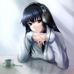  black_hair blue_eyes copyright_request cup hands hands_clasped headphones highres interlocked_fingers long_hair own_hands_together parted_lips prime solo sweater tea teacup 
