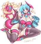  blue_eyes blue_hair blush breasts cleavage covered_nipples curvy dragon dragon_girl elbow_gloves fire gloves high_heels horns huge_breasts mel/a melmaid monster_girl original red_eyes shoes tail thick_thighs thighhighs thighs 
