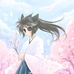  animal_ears brown_eyes brown_hair cloud day eyepatch fujii_chifumi japanese_clothes leaf long_hair miko original ponytail sky solo 