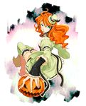  bad_id bad_pixiv_id green_eyes halloween hat horns jack-o'-lantern mini_hat mini_top_hat orange_hair original pumpkin solo top_hat yuzukarin 