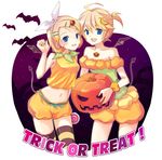  1girl ahoge alternate_hairstyle bad_id bad_pixiv_id bare_shoulders bat_wings blonde_hair blue_eyes blush brother_and_sister candy crossdressing earrings flipped_hair food food_themed_clothes food_themed_hair_ornament hair_ornament hair_ribbon halloween jack-o'-lantern jewelry jin_young-in kagamine_len kagamine_rin lollipop midriff nail_polish navel necklace open_mouth orange_nails otoko_no_ko pumpkin pumpkin_hair_ornament pumpkin_pants ribbon shorts siblings smile swirl_lollipop tail thighhighs trick_or_treat twins vocaloid wings 