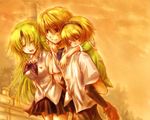  2girls bad_id bad_pixiv_id blonde_hair carrying green_hair higurashi_no_naku_koro_ni houjou_satoko houjou_satoshi midori-neko multiple_girls pantyhose piggyback sleeping sonozaki_shion 