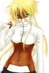  arrancar bleach blonde_hair breasts dark_skin espada green_eyes long_hair medium_breasts navel revealing_clothes solo sword tier_harribel underboob weapon you_zasshoku 