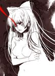  angry bow breasts cocco-saco dark fujiwara_no_mokou glowing glowing_eyes holding_arm lowres md5_mismatch medium_breasts monochrome navel nude ribbon solo touhou 