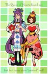  1girl alice_in_wonderland bad_id bad_pixiv_id blush bow brown_hair cosplay couple crown dress flower hetero high_heels kamui_gakupo long_hair meiko one_eye_closed ponytail purple_hair queen_of_hearts queen_of_hearts_(cosplay) shoes short_hair tomoshibi_rei very_long_hair vocaloid 