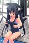  :&gt; amamiya_minato animal_ears annoyed bad_id bad_pixiv_id black_hair blush breasts cat_ears cat_tail cleavage covered_navel frown k-on! medium_breasts nakano_azusa navel one-piece_swimsuit pout red_eyes school_swimsuit sitting solo swimsuit tail twintails 