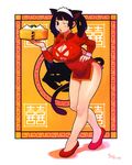  2003 animal_ears artist_name bare_legs black_eyes black_hair breasts cat_ears china_dress chinese_clothes covered_navel covered_nipples dated dress food full_body hand_on_hip highres holding huge_breasts long_sleeves one_eye_closed original ryoji_(nomura_ryouji) side_slit solo standing tail tray 