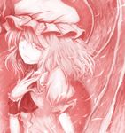  bat_wings hand_on_own_chest hat monochrome red red_eyes remilia_scarlet ribbon shimo_(depthbomb) short_hair solo touhou wings 