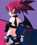  back bat_wings choker cowboy_shot crossed_arms demon_girl demon_tail disgaea earrings etna jewelry official_art pointy_ears profile red_eyes red_hair solo tail thighhighs twintails wings 