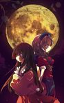  ana_(rznuscrf) back-to-back bad_id bad_pixiv_id black_hair blue_eyes braid hat highres houraisan_kaguya long_hair moon multiple_girls photo_background red_eyes silver_hair touhou yagokoro_eirin 