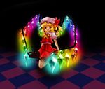  bad_id bad_pixiv_id blonde_hair checkered checkered_floor dark dimdim flandre_scarlet hat highres one_side_up ponytail rainbow_order red_eyes red_skirt short_hair skirt solo touhou wings 