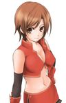  breasts brown_eyes brown_hair cleavage gloves kurota large_breasts meiko midriff short_hair simple_background skirt solo vocaloid 