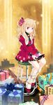  blonde_hair bow brown_eyes dress frills gift handheld_game_console legs nintendo_ds original smallbug solo stool 