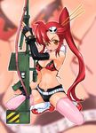  anti-materiel_rifle belt bikini_top boots breasts cleavage gun long_hair medium_breasts navel ponytail red_hair rifle shorts sniper_rifle solo studded_belt takaoka_karen tengen_toppa_gurren_lagann thighhighs weapon yellow_eyes yoko_littner zoom_layer 