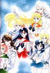  4boys 4girls aino_minako antenna antennae bishoujo_senshi_sailor_moon black_hair blonde_hair blue_eyes blue_hair bow brown_eyes brown_hair cape choker couple earrings elbow_gloves everyone gloves green_eyes grey_eyes hair_bobbles hair_bow hair_ornament highres hino_rei holding jadeite jadeite_(sailor_moon) jewelry kino_makoto kunzite leotard long_hair looking_at_viewer magical_girl miniskirt mizuno_ami multiple_boys multiple_girls nephrite nephrite_(sailor_moon) official_art open_mouth ponytail sailor_collar sailor_jupiter sailor_mars sailor_mercury sailor_moon sailor_venus short_hair skirt sleeveless smile staff takeuchi_naoko tiara uniform wavy_hair white_gloves white_hair wink zoisite zoisite_(sailor_moon) 