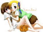  bad_id bad_pixiv_id barefoot blonde_hair blue_eyes brown_hair child hair_ribbon halloween hands heterochromia hug jack-o'-lantern kohinore long_hair lyrical_nanoha mahou_shoujo_lyrical_nanoha mahou_shoujo_lyrical_nanoha_strikers multiple_girls naked_pumpkin necktie pumpkin ribbon short_hair skirt sweater_vest time_paradox trick_or_treat vivio yagami_hayate younger yuri 