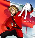  ahoge axis_powers_hetalia blonde_hair canada_(hetalia) cel_shading chirart curly_hair flag glasses gloves hat male_focus pose raised_eyebrow solo uniform v 