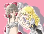  ao_usagi armpits bad_id bad_pixiv_id blonde_hair blue_eyes blush bow brown_eyes brown_hair detached_sleeves hair_bow hair_tubes hakurei_reimu kirisame_marisa long_hair multiple_girls razor sarashi shaving touhou wince 