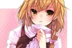  blonde_hair blush bow braid hair_bow hands hase_neet kirisame_marisa lips no_hat no_headwear polka_dot polka_dot_background scarf side_braid solo touhou turtleneck yellow_eyes 