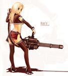  ammunition_belt bad_source blonde_hair bracelet breasts detached_sleeves gatling_gun green_eyes gun high_heels jewelry karanak legs long_hair m134_minigun medium_breasts midriff military_operator miniskirt original shoes skirt solo thighhighs underboob weapon zoom_layer 