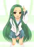  bad_id bad_pixiv_id brown_eyes fang green_hair kita_high_school_uniform leaning_forward long_hair perspective sakurai_unan school_uniform serafuku solo suzumiya_haruhi_no_yuuutsu tsuruya 