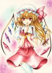  blonde_hair finger_to_mouth flandre_scarlet fragran0live garter_straps hat marker_(medium) nib_pen_(medium) one_side_up ponytail red_eyes ribbon short_hair shushing solo thighhighs touhou traditional_media wings wrist_ribbon zettai_ryouiki 