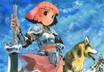  animal armor cloud copyright_request day koban_(times) lowres mountain red_hair sky smile solo sword weapon wind wolf 