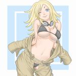  555 blonde_hair blue_eyes bra breasts eva_(mgs) goggles goggles_around_neck jumpsuit large_breasts lingerie metal_gear_(series) metal_gear_solid metal_gear_solid_3 navel one_eye_closed open_clothes open_shirt shirt smile solo underwear undressing 