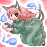  :3 :d alternate_hairstyle animal_ears cat_ears cat_tail dress fake_animal_ears fang floating_skull ghost hair_down kaenbyou_rin kugelschreiber long_hair multiple_tails open_mouth paw_pose pointy_ears red_eyes red_hair smile solo tail touhou tsurime 