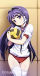  ardnades buruma clannad fujibayashi_kyou gym_uniform head_tilt long_hair looking_at_viewer purple_eyes purple_hair smile solo thighhighs thighs volleyball white_legwear 