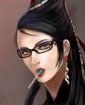  bayonetta bayonetta_(character) black_hair blue_eyes candy earrings eye_shadow eyeshadow glasses hair_bun jewelry lollipop long_hair makeup mole mu_(pixiv791007) 