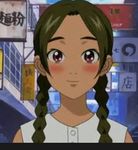  1girl abenobashi_magical_shopping_arcadeblush abenobashi_magical_shopping_district abenobashi_mahou_shoutengai arumi arumi_asahina asahina_arumi blush brown_hair long_hair looking_at_viewer lowres outdoors red_eyes smile solo tan tanned twin_braids twintails 