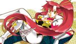  breasts cleavage crossed_legs drill elbow_gloves gloves hoshino_hitsuki large_breasts long_hair lying ponytail red_hair smile solo space_yoko star tengen_toppa_gurren_lagann yellow_eyes yoko_littner 