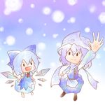  &gt;:) :d bad_id bad_pixiv_id blush bow chibi cirno hand_up kuzugitsune_(inarikami) letty_whiterock lowres multiple_girls open_mouth scarf smile snow touhou towel v-shaped_eyebrows wings 