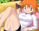  azusa_(pokemon) book couch holding holding_book lowres lying miniskirt open_book orange_hair panties pantyshot pantyshot_(lying) pillow pokemoa pokemon red_eyes short_hair skirt skirt_lift solo thighs underwear 