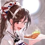  alternate_costume alternate_hairstyle ashigara_(kantai_collection) bad_id bad_twitter_id bob_(biyonbiyon) brown_eyes brown_hair close-up curry curry_rice fang food headband kantai_collection katsudon_(food) long_hair lowres official_art ponytail porthole rice sidelocks solo upper_body 