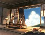  architecture barefoot blue_sky cat closed_eyes cloud cup cushion day drinking_glass east_asian_architecture electric_fan indoors kneeling multiple_girls open_mouth original sasakure_(mogunonbi) sitting skirt sky summer tatami tray zabuton 