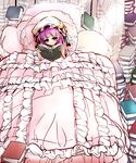  bed blush book crescent crescent_hair_ornament fifiruu hair_ornament hat long_hair patchouli_knowledge purple_eyes purple_hair reading solo touhou 