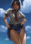  absurdres black_hair blue_eyes breast_pocket cloud competition_swimsuit cowboy_shot day grin highres looking_at_viewer necktie one-piece_swimsuit original pleated_skirt pocket red_neckwear revision school_uniform short_hair short_sleeves skirt skirt_lift sky smile solo swimsuit swimsuit_under_clothes teeth yomu_(sgt_epper) 