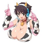  :d animal_ears animal_print bell breasts brown_eyes brown_hair cleavage collar cow_ears cow_horns cow_print elbow_gloves gloves hairband headphones headset horns huge_breasts idolmaster idolmaster_cinderella_girls nash_(na-si) oikawa_shizuku open_mouth pink_gloves short_hair smile solo 