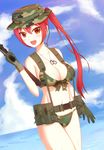  absurdres assault_rifle bikini boonie_hat breasts brown_eyes camouflage camouflage_bikini camouflage_hat gun highres large_breasts long_hair m4_carbine mikhail_n military original red_hair rifle smile solo swimsuit weapon woodland_pattern 