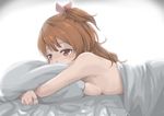  aikatsu! aikatsu!_(series) bad_id bad_pixiv_id bed_sheet breasts brown_hair hair_ribbon long_hair lying nude on_stomach oozora_akari p!nta pillow pillow_hug red_eyes ribbon side_ponytail sideboob small_breasts solo 