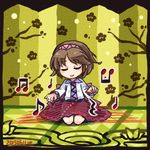  beamed_eighth_notes brown_hair closed_eyes eighth_note hairband instrument lowres music musical_note playing_instrument pote_(ptkan) quarter_note seiza short_hair sitting solo touhou tsukumo_yatsuhashi 