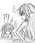  2girls ahoge blush breasts crescent crescent_hair_ornament embarrassed fang greyscale hair_intakes hair_ornament hairband hands_on_hips ichimi kantai_collection kongou_(kantai_collection) monochrome multiple_girls nagatsuki_(kantai_collection) nude o_o open_mouth sideboob sketch small_breasts wardrobe_malfunction water 