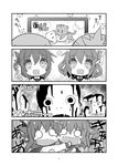  4koma :3 :d cat comic fang folded_ponytail gerotan greyscale hair_ornament hairclip highres ikazuchi_(kantai_collection) inazuma_(kantai_collection) kantai_collection long_hair long_sleeves monochrome multiple_girls o_o open_mouth page_number ponytail school_uniform serafuku short_hair smile sweat teardrop television translated watching_television wavy_mouth |_| 