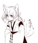  animal_ears fox_ears fox_tail japanese_clothes miko monochrome original ponytail purple_eyes rathke simple_background solo tail tail_wagging white_background 