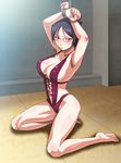  anime_coloring armpits arms_up bangs barefoot bdsm black_hair blush bondage bound bound_wrists breasts casual_one-piece_swimsuit center_opening cleavage closed_mouth covered_nipples cross-laced_clothes crossed_arms embarrassed feet folded_ponytail from_side full_body glasses groin highleg highleg_swimsuit indoors kneeling large_breasts legs looking_at_viewer monteriakitto navel on_floor one-piece_swimsuit purple_eyes purple_swimsuit red-framed_eyewear ridget_(suisei_no_gargantia) rope semi-rimless_eyewear shadow short_hair sideboob skindentation solo spread_legs strap_gap suisei_no_gargantia swept_bangs swimsuit under-rim_eyewear 