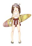  absurdres alternate_costume brown_eyes brown_hair clothes_around_waist crossed_arms flight_deck highres jacket_around_waist kantai_collection long_hair one-piece_swimsuit reon-shi revision ryuujou_(kantai_collection) sandals solo surfboard swimsuit twintails visor_cap 