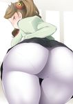  1girl ass backboob blush breasts brown_hair cameltoe from_behind gundam gundam_build_fighters gundam_build_fighters_try highres hornet_(artist) huge_ass large_breasts leaning_forward legs long_hair looking_back pantylines sazaki_kaoruko simple_background skirt smile standing thighs twintails white_background yellow_eyes 