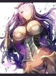  armor black_armor breasts camilla_(fire_emblem_if) cleavage fire_emblem fire_emblem_if groin hair_over_one_eye large_breasts lips long_hair looking_at_viewer nanosuke parted_lips purple_eyes purple_hair shiny shiny_clothes shiny_skin solo very_long_hair 
